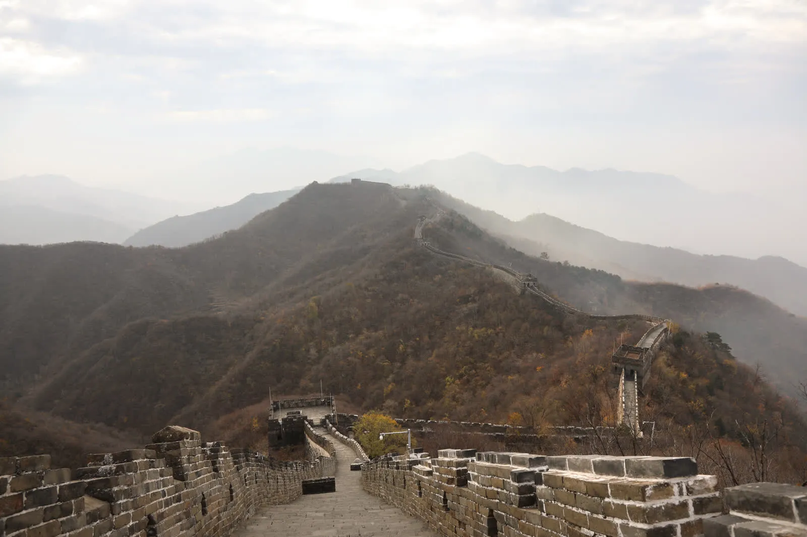 The Mutianyu Great Wall winding along a wooded ridge with watchtowers at intervals