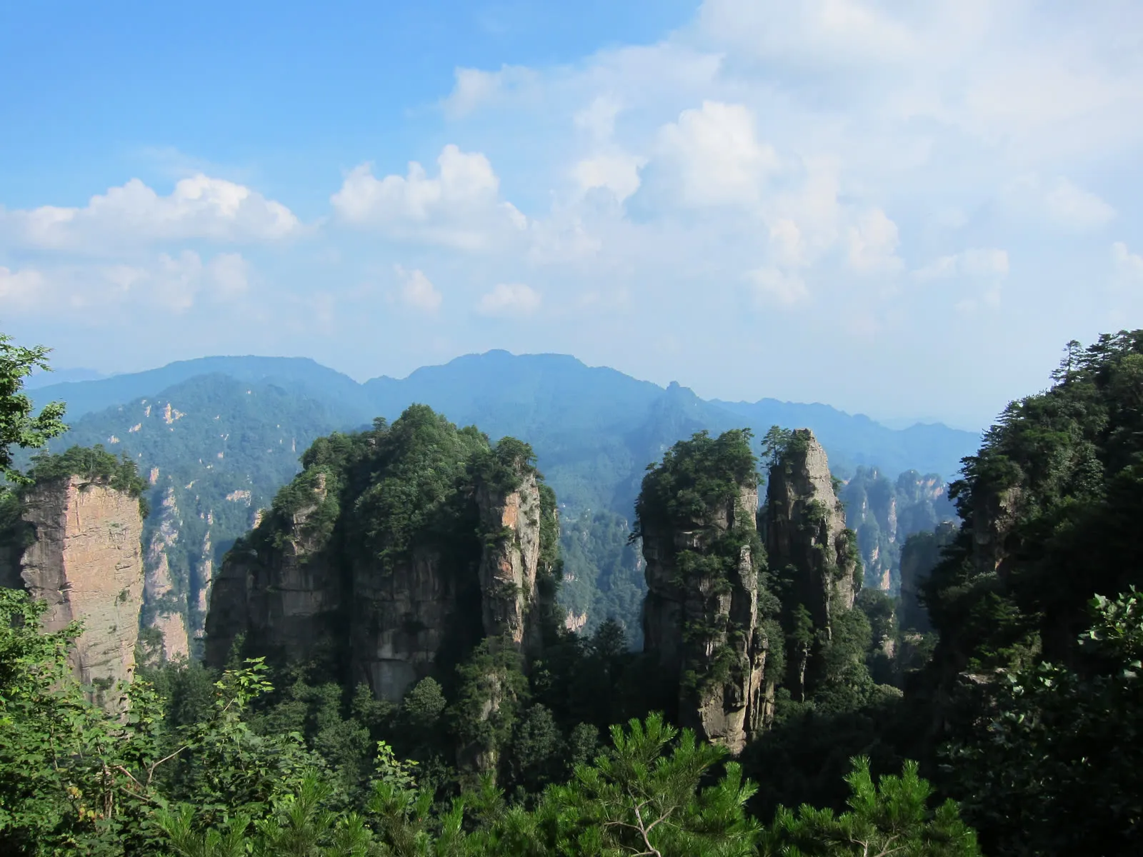 Sandstone pillar formations rising out of green forest in Zhangjiajie National Forest Park